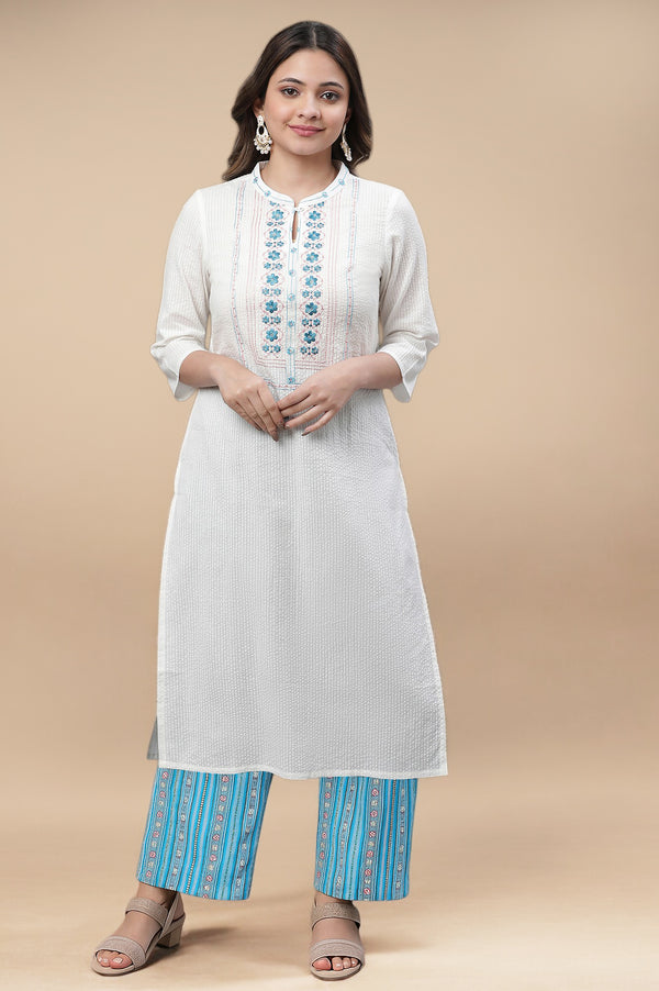 White Thread Work Cotton Blend Straight Kurta and Palazzo Set