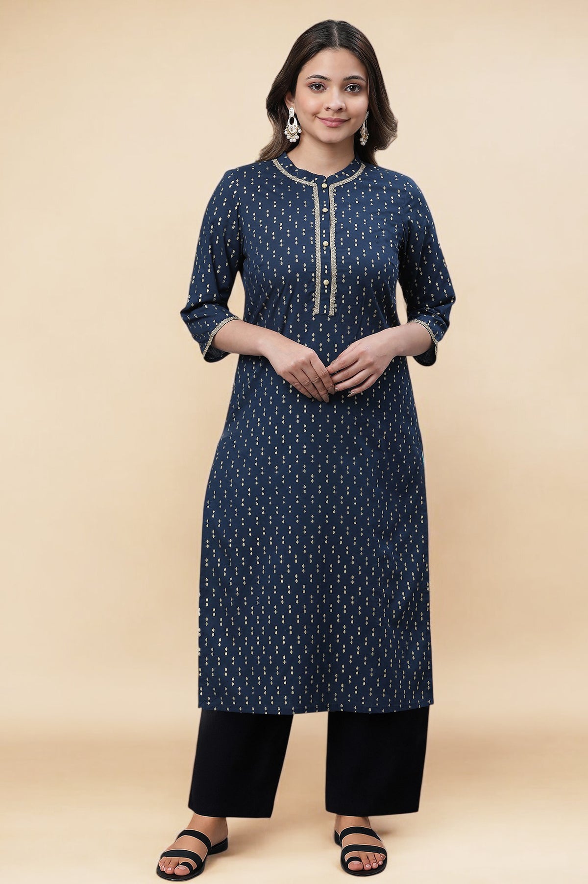 Blue Pure Cotton Straight Kurta and Palazzo Set - XS