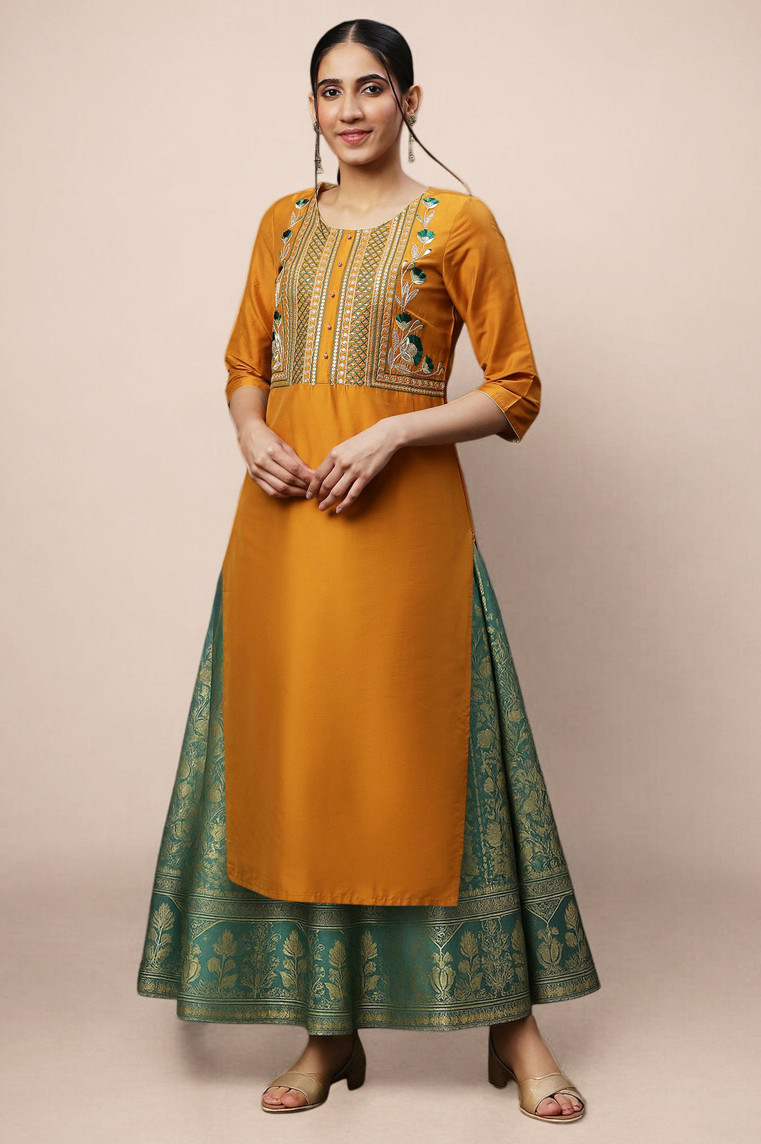 Yellow Dori Emb &amp; Zari &amp; Sequins Viscose Blend Straight Kurta and Flared Skirt Set