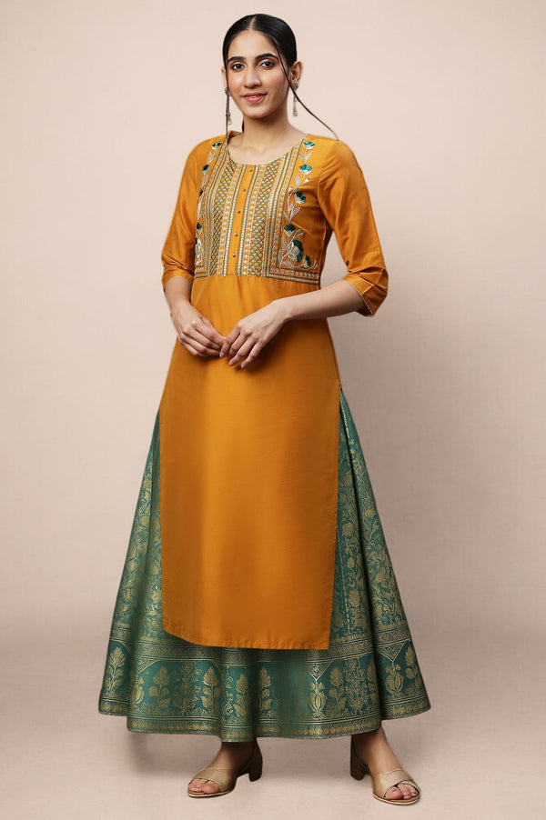 Yellow Dori Emb & Zari & Sequins Viscose Blend Straight Kurta and Flared Skirt Set