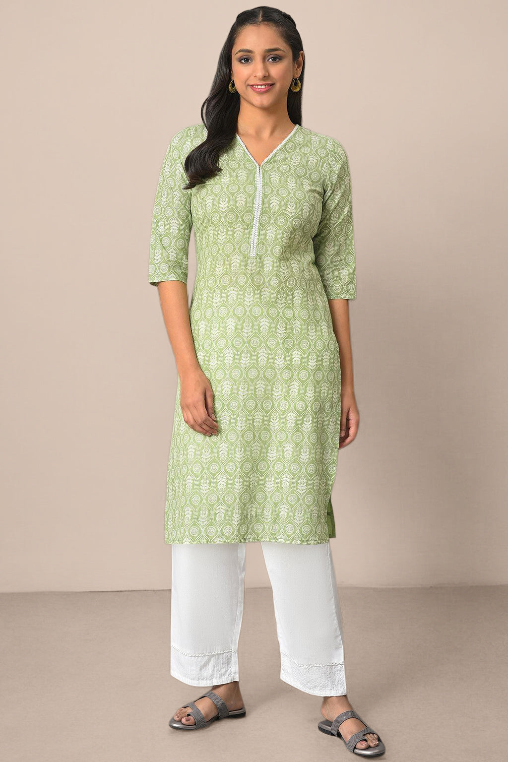 Green Pure Cotton Straight Kurta and Palazzo Set - XS