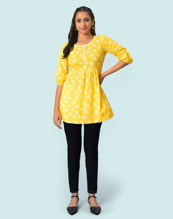 Yellow Pure Cotton Flared Kurti and Jegging Set