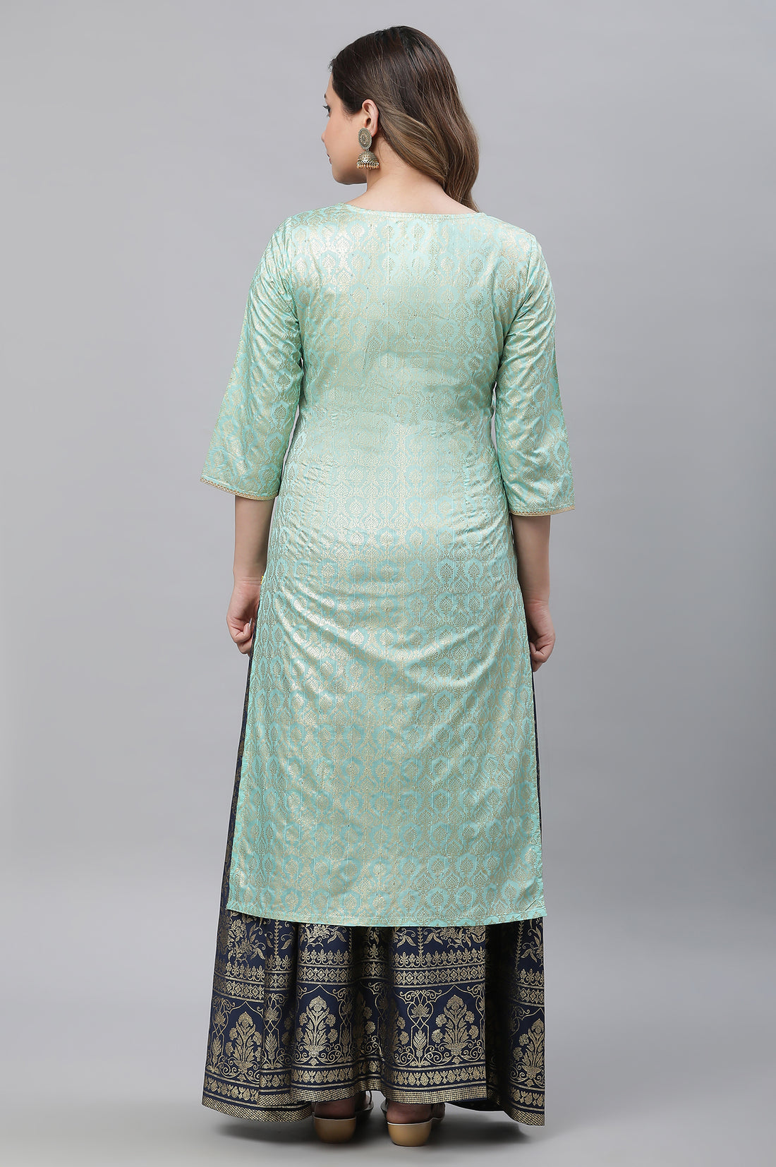 Mint Green Foil Printed Straight Kurta with Skirt and Dupatta Set