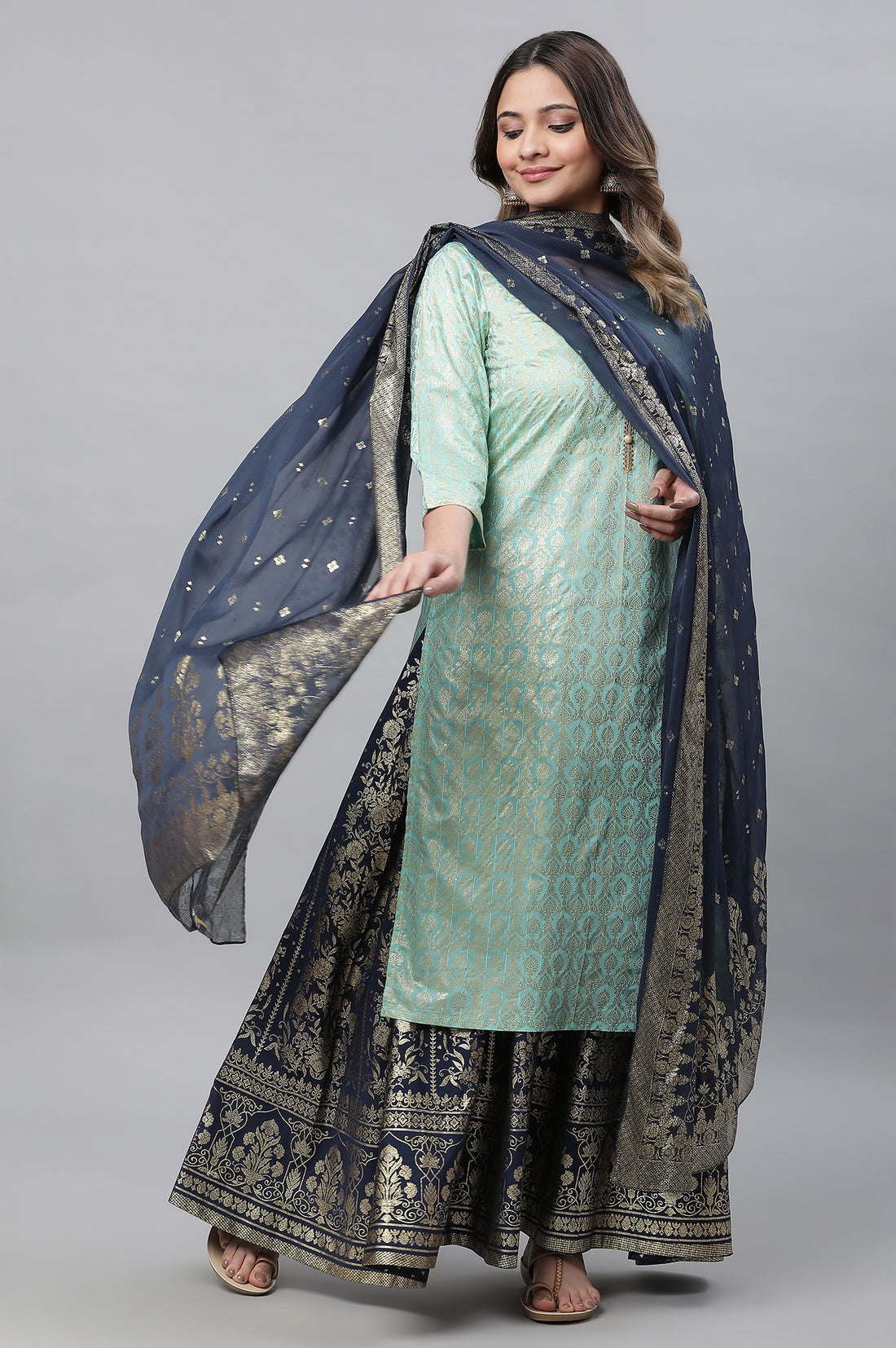 Mint Green Foil Printed Straight Kurta with Skirt and Dupatta Set