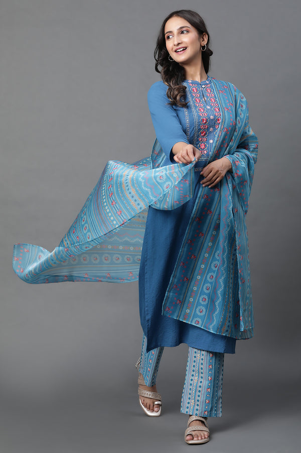 Blue Embroidered Textured Cotton Straight Kurta, Palazzo and Dupatta Set