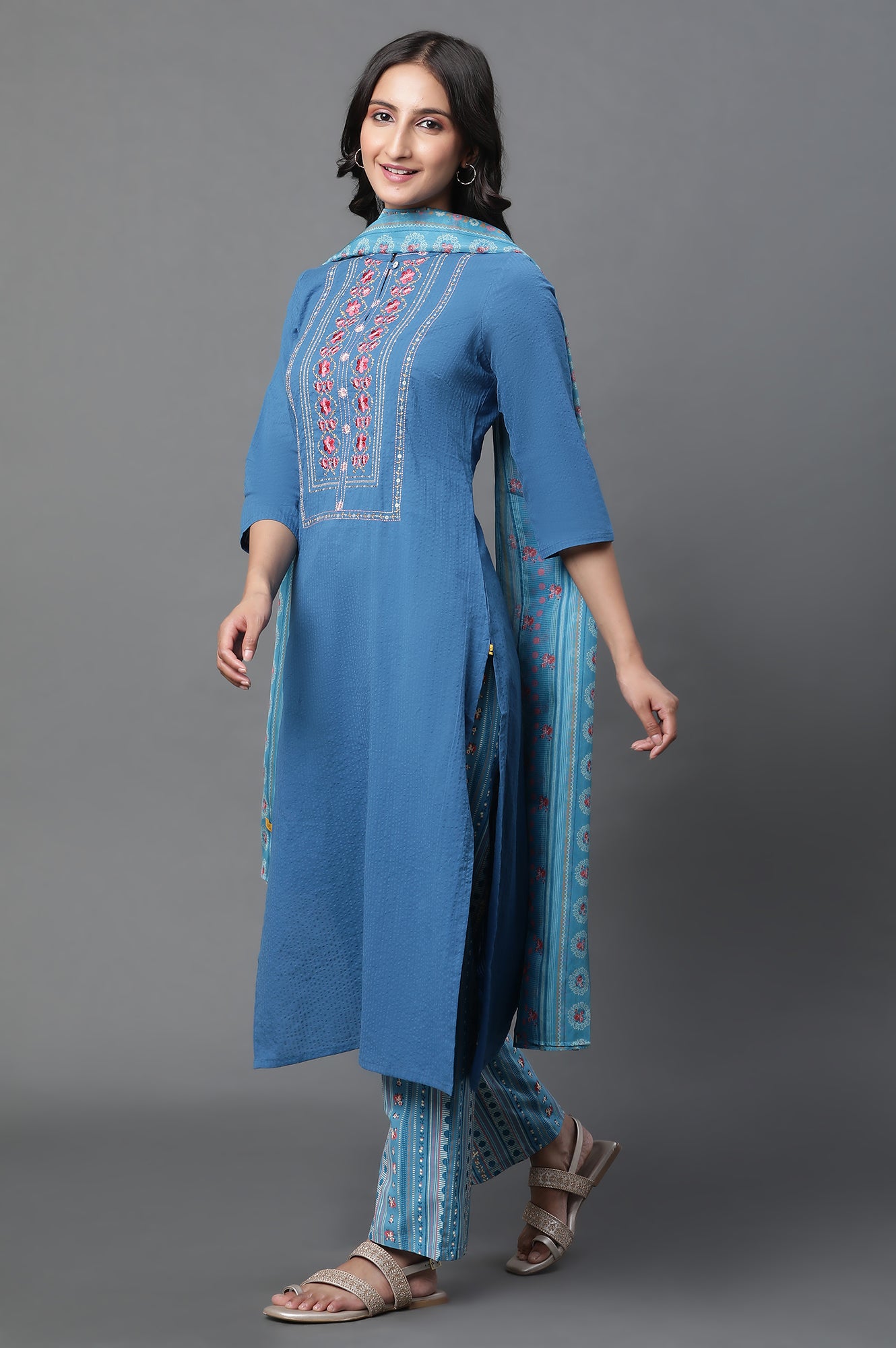 Blue Embroidered Seer Sucker Straight Kurta, Palazzo and Dupatta Set