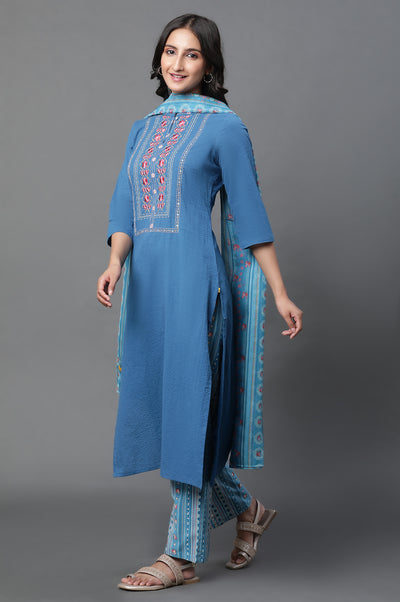 Blue Embroidered Seer Sucker Straight Kurta, Palazzo and Dupatta Set