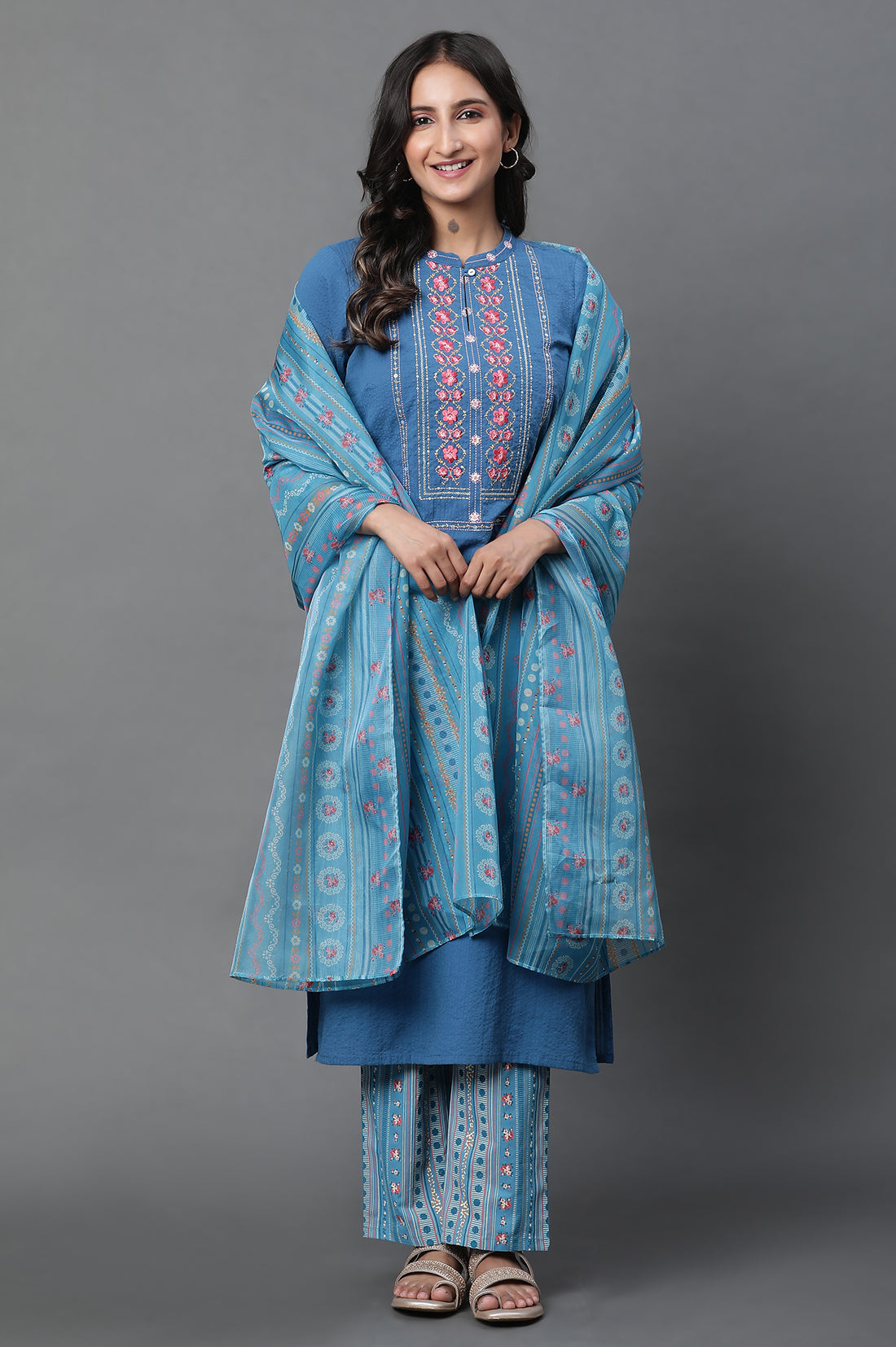Blue Embroidered Textured Cotton Straight Kurta, Palazzo and Dupatta Set