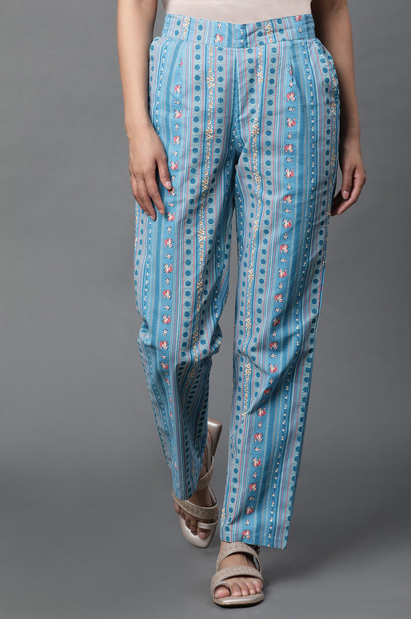 Blue Embroidered Textured Cotton Straight Kurta, Palazzo and Dupatta Set