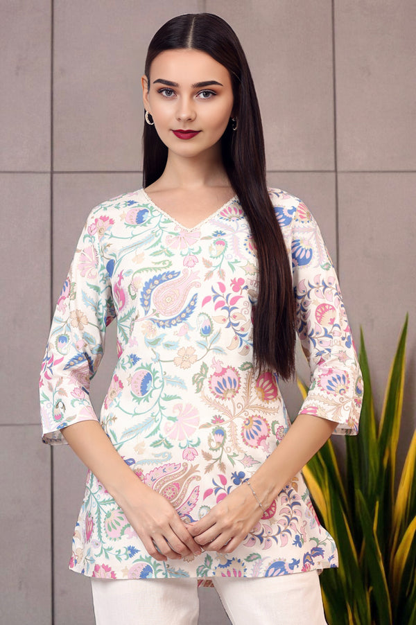 White Floral Printed Rayon Summer Tunic with Lace
