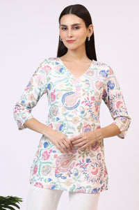 White Floral Printed Rayon Summer Tunic with Lace