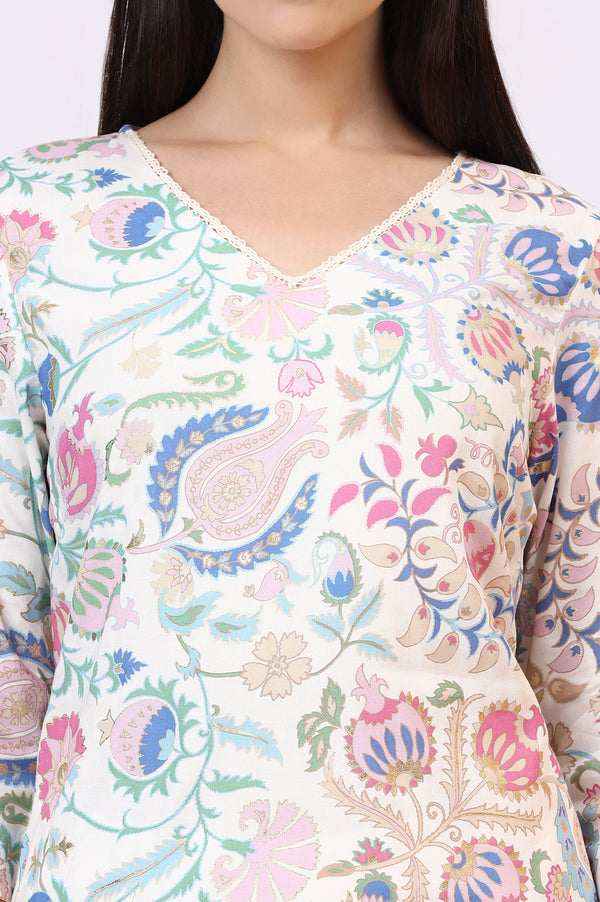 White Floral Printed Rayon Summer Tunic with Lace