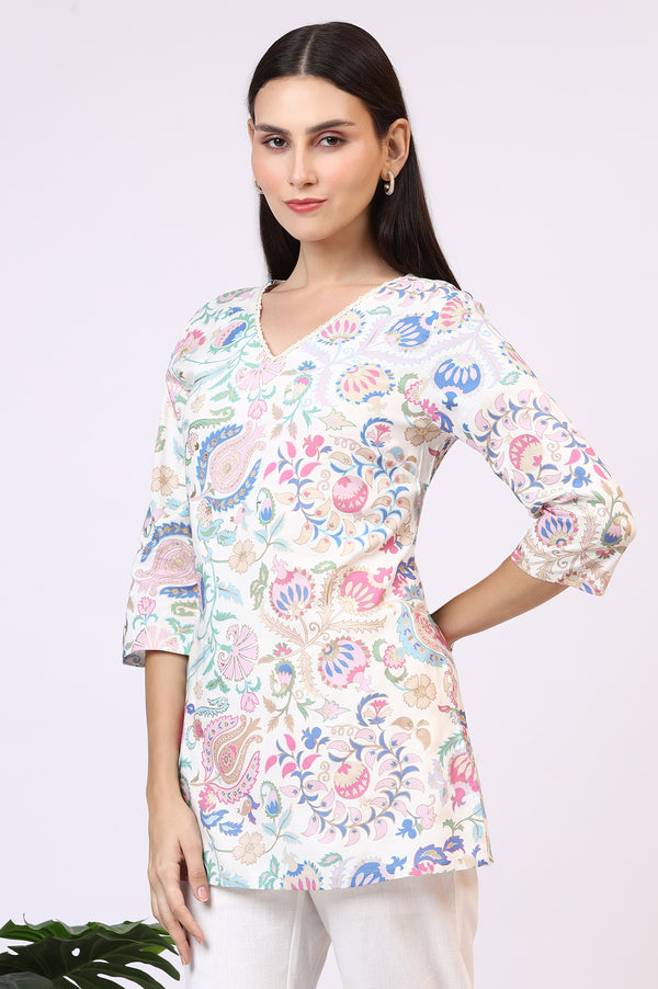 White Floral Printed Rayon Summer Tunic with Lace