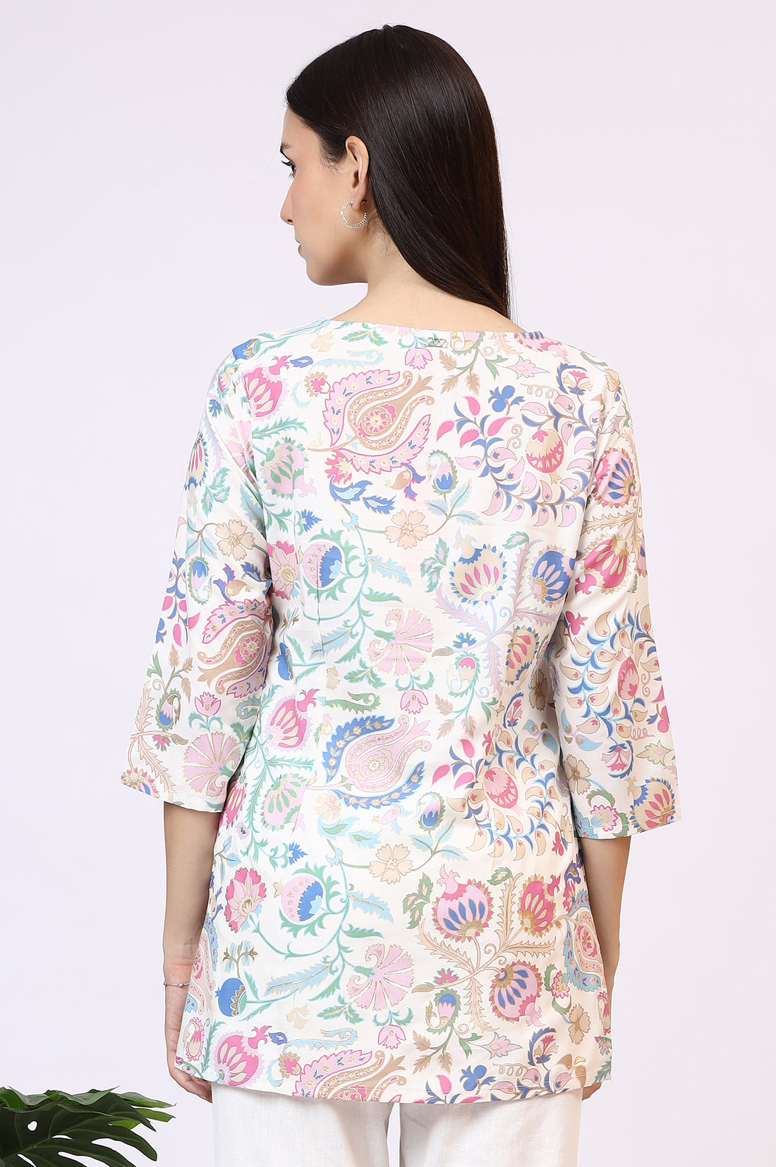 White Floral Printed Rayon Summer Tunic with Lace