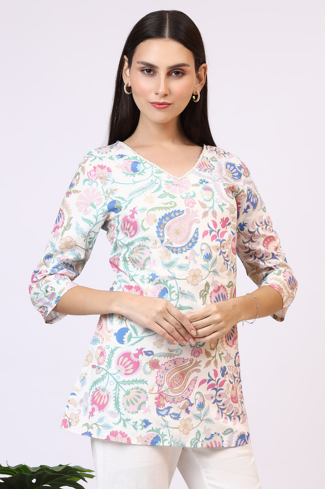 White Floral Printed Rayon Summer Tunic with Lace