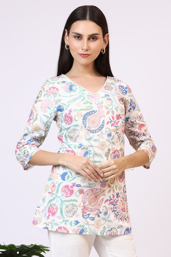 White Floral Printed Rayon Summer Tunic with Lace