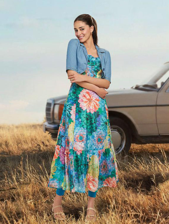 Blue Floral Printed Flared Chinon Dress and Jacket Set