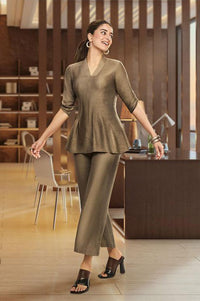 Olive Solid Buttons Straight Top with Palazzo Set
