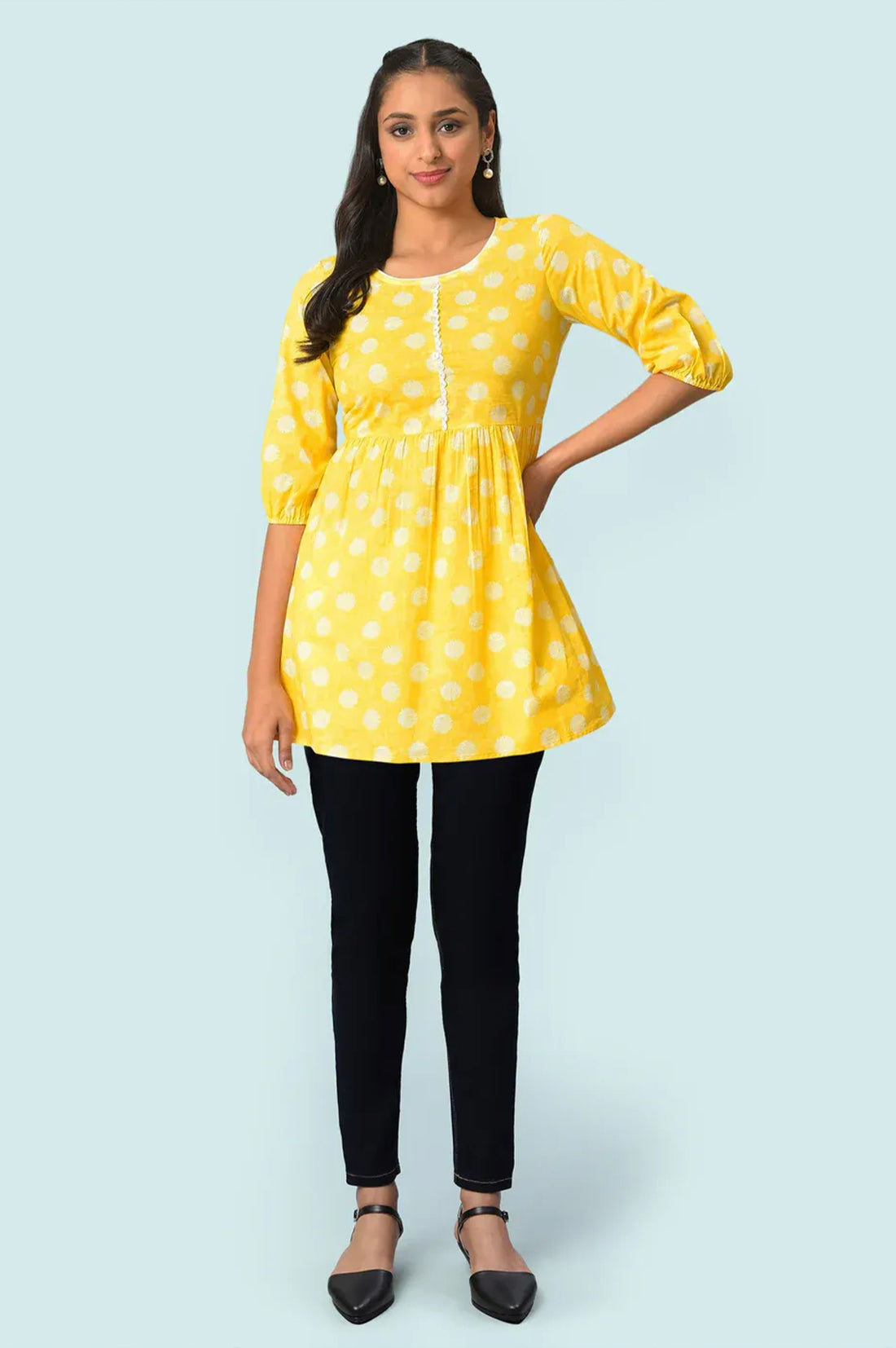 Yellow Pure Cotton Flared Kurti and Jegging Set - S