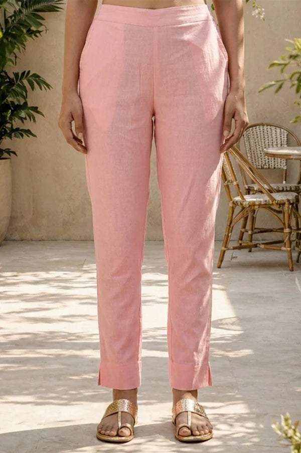 Pink Solid Cotton Flax Ankle Length Trousers